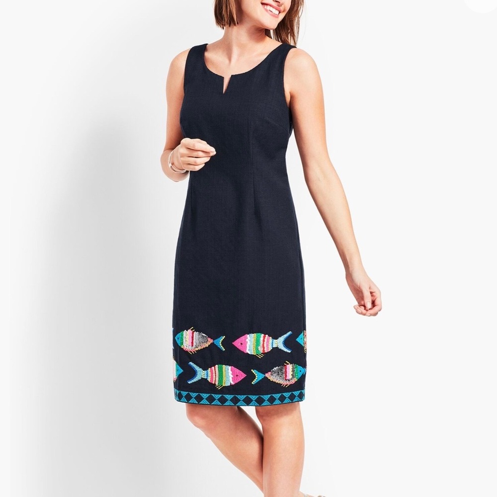 Talbots Navy Pink Nautical Resort Sequin Embroidered Fish Sheath Dress Size 12